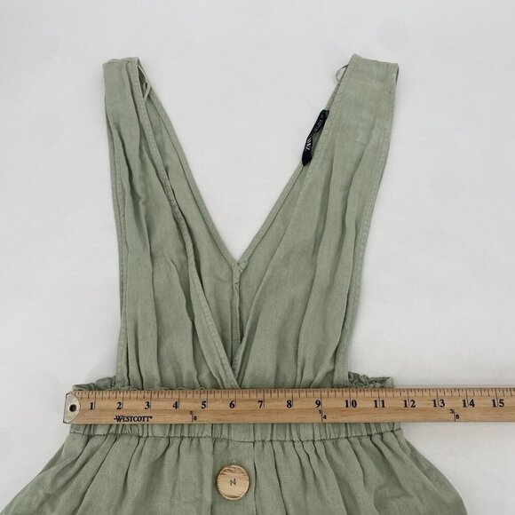 ZARA Size S Sage Green Sleeveless Linen V-Neck Pinafore Dress Overall Mini - Picture 7 of 12